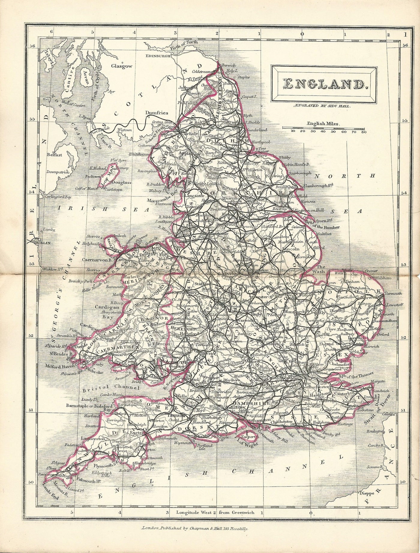 England steel engraved antique map of the English counties by Sidney Hall published 1860