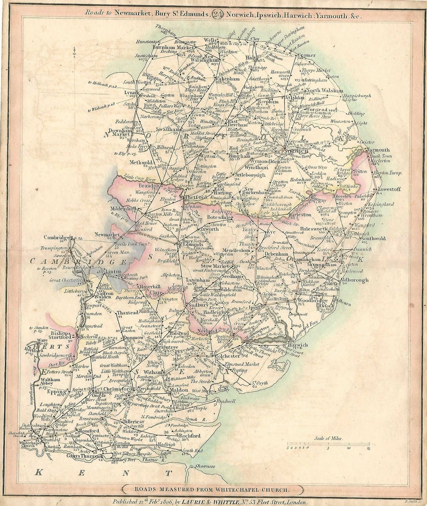 London Essex Hertfordshire Cambridge Suffolk Norfolk antique road map