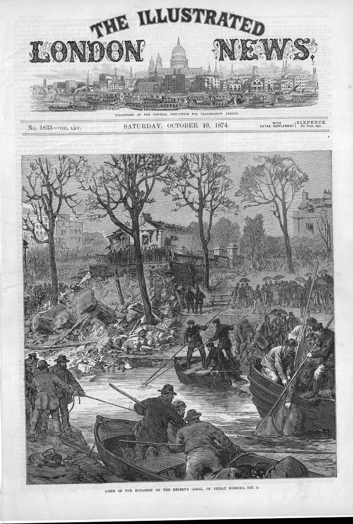 Regents Canal Macclesfield Bridge Explosion antique print 1874