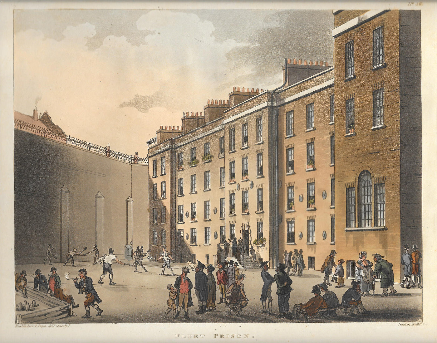 Fleet Prison London 1808. Original antique aquatint from Ackermann's Repository.