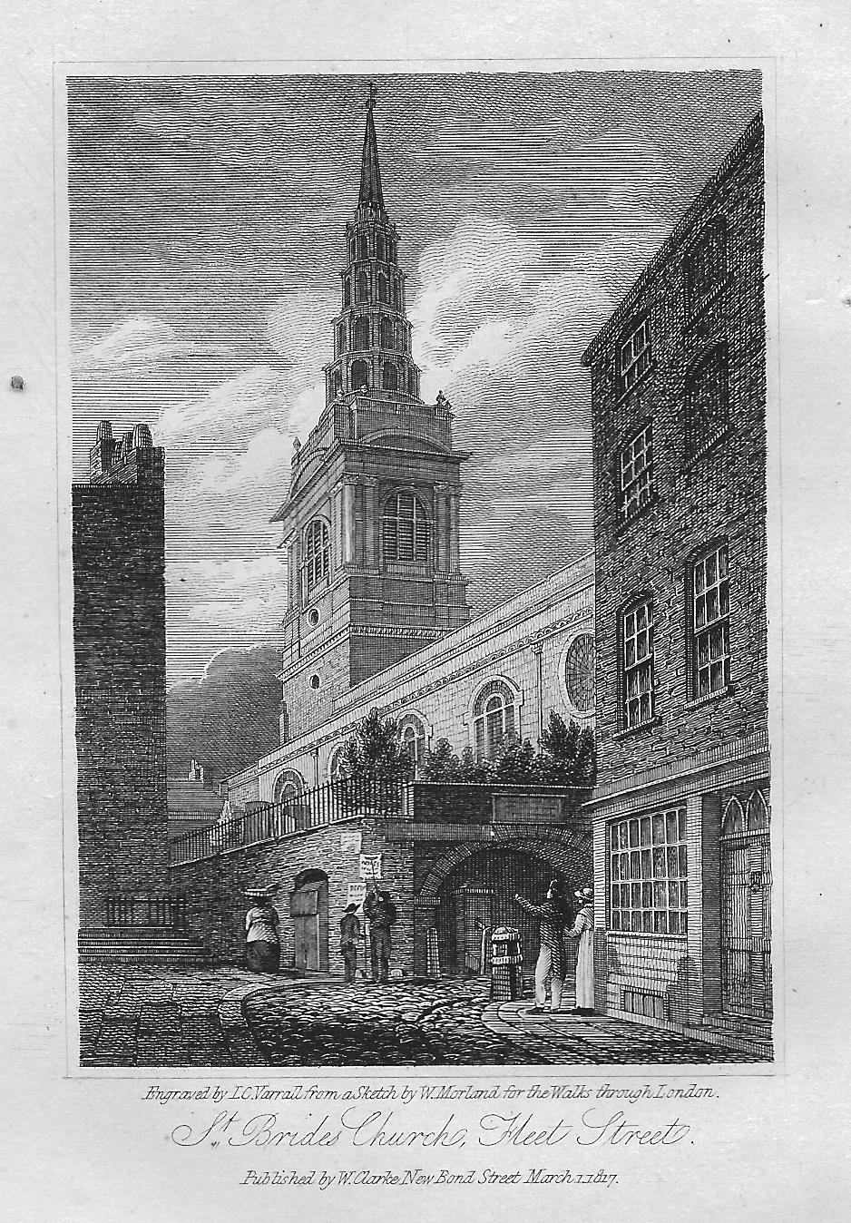 Fleet Street, St Bride's Church antique print