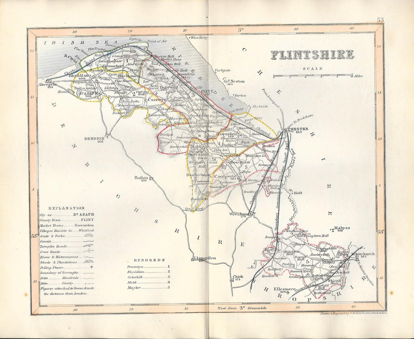 Flintshire Sir y Fflint Wales antique map 1845