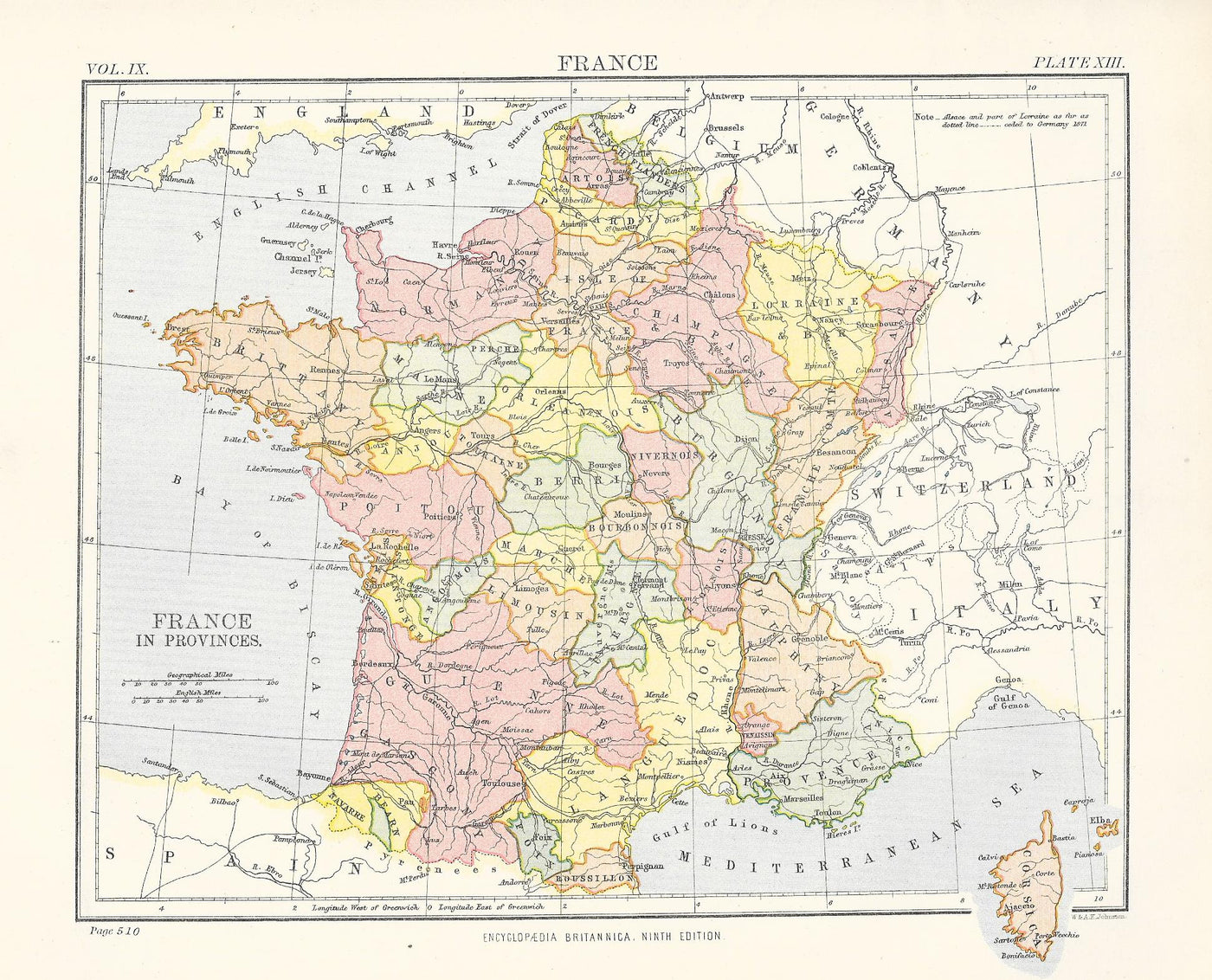 France Provinces antique map from Encyclopaedia Britannica c1889