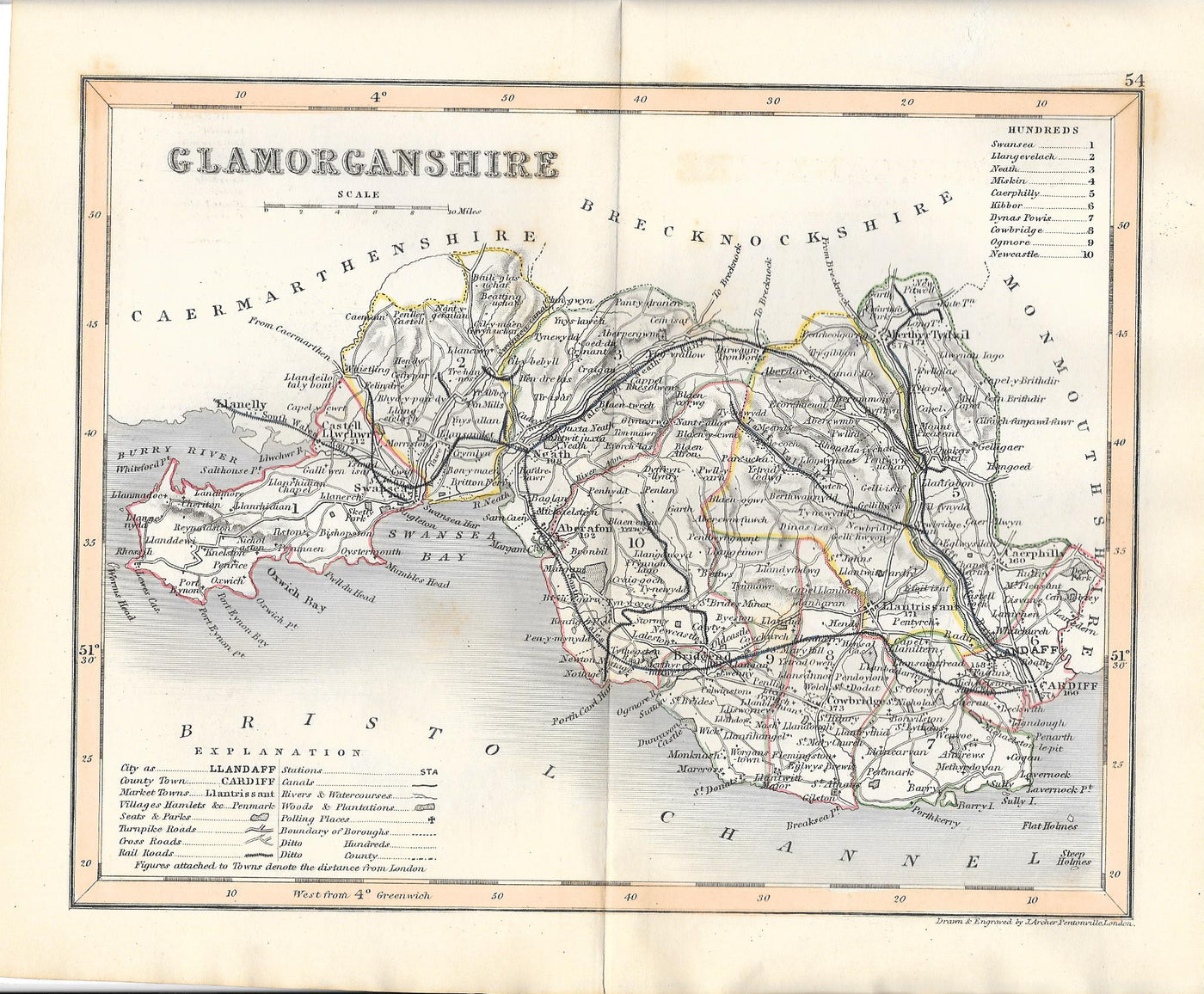 Glamorgan Glamorganshire Wales antique map