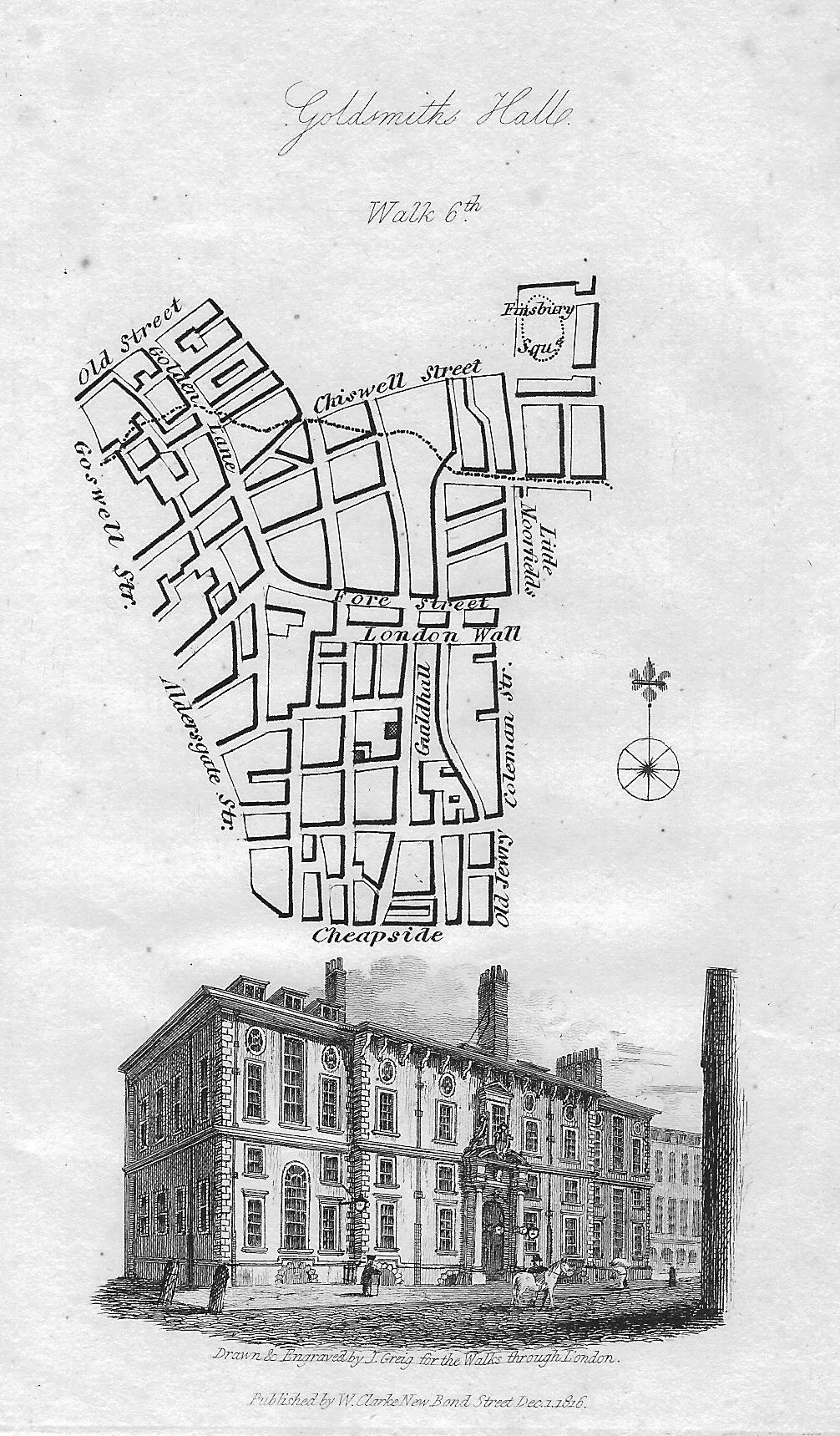 Goldsmith's Hall London antique map and print published 1817