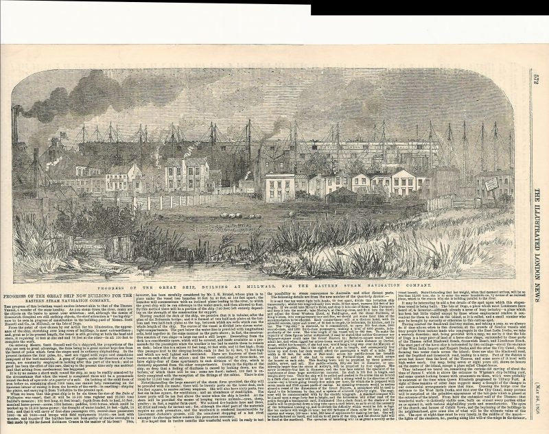 Great Eastern on the stocks at Millwall Isle of Dogs antique print 1856
