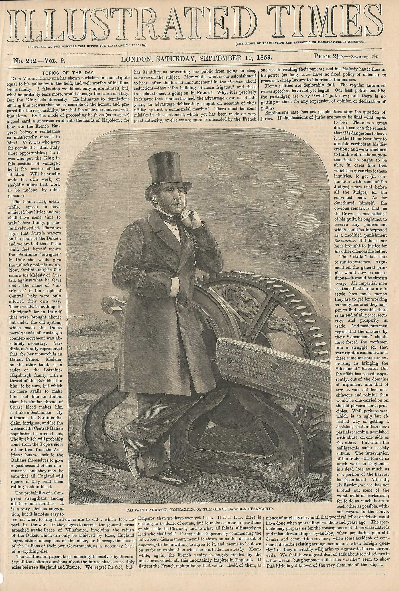 Great Eastern's Captain Harrison antique rint from Illustrated Times 1859