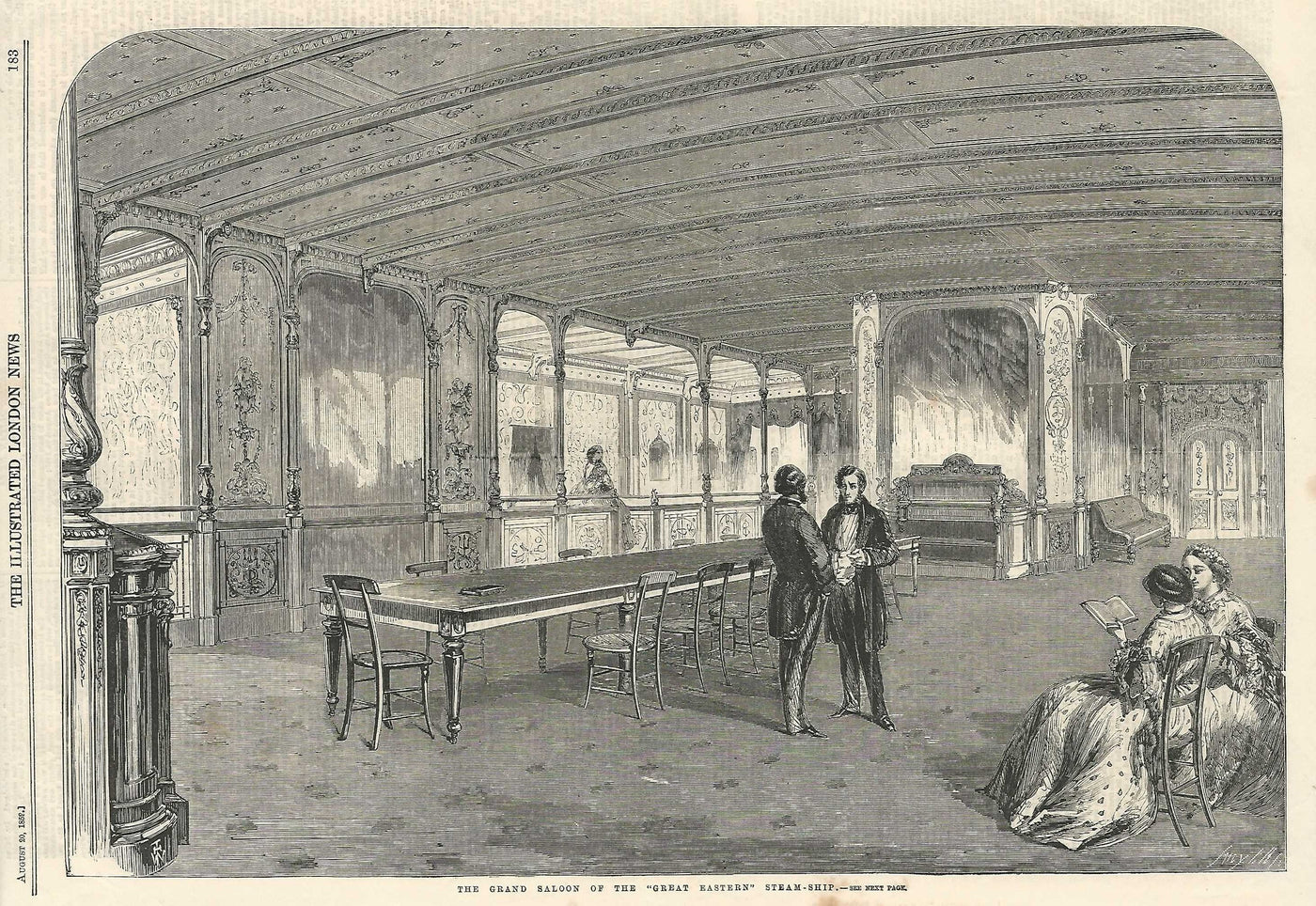 Great Eastern steamship's 'grand saloon' antique print 1859