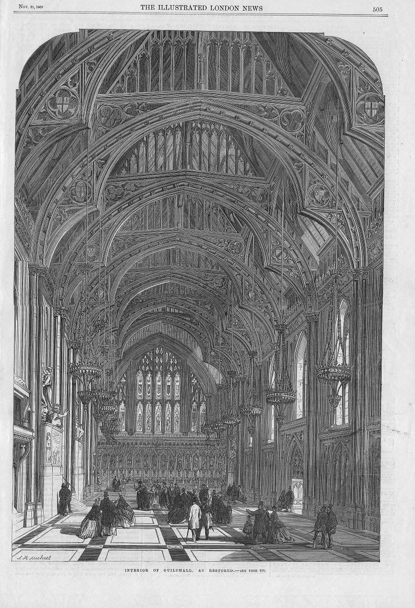 Guildhall Great Hall City of London antique print 1865