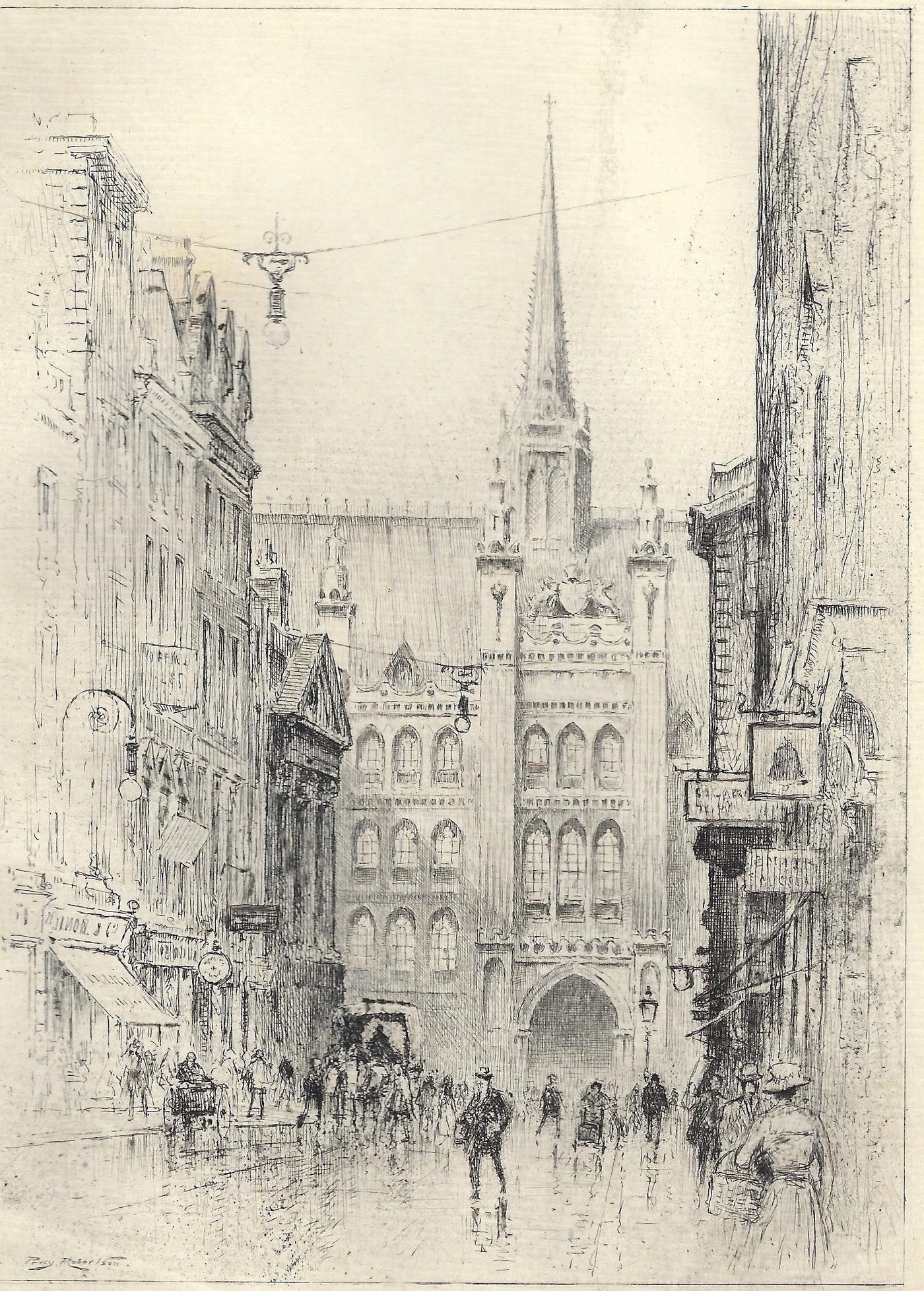 Guildhall City of London old vintage etching 1919