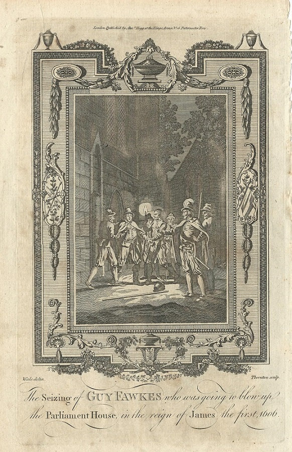 Guy Fawkes seized under Parliament in 1606 antique print