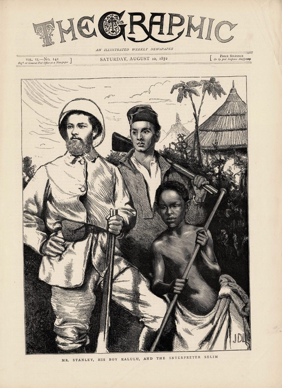 Henry Morton Stanley's famous question, "Doctor Livingstone, I presume?" antique print