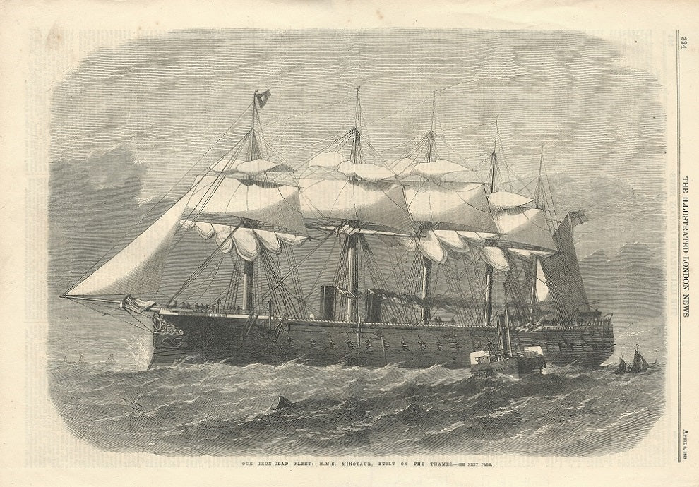 HMS Minotaur at sea antique print published 1865