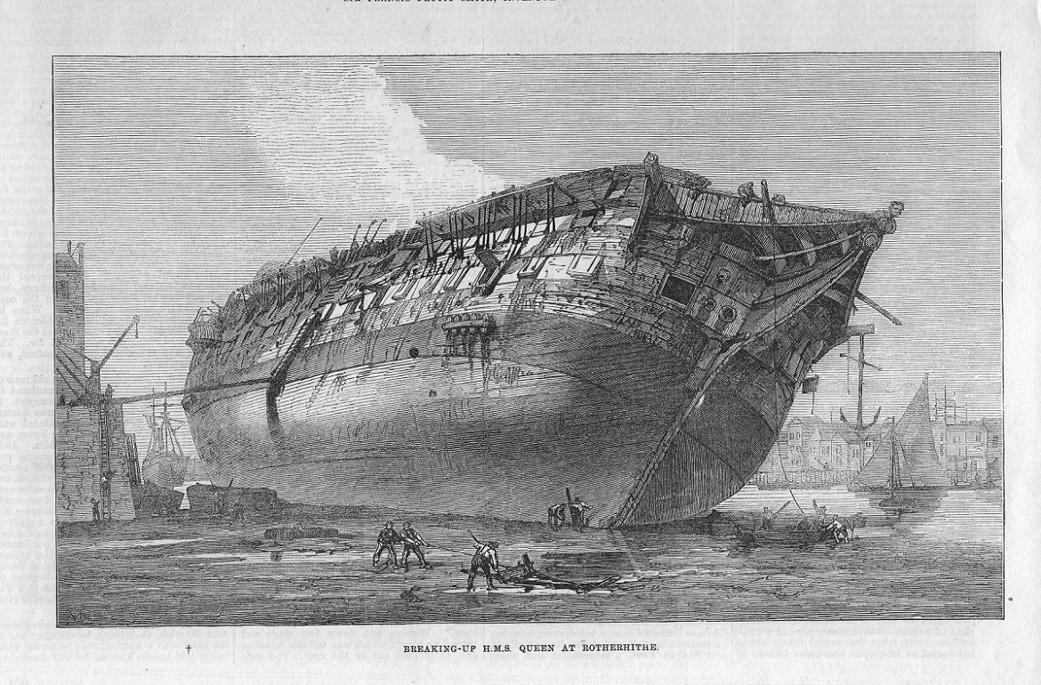 HMS Queen being broken up at Rotherhithe in 1871