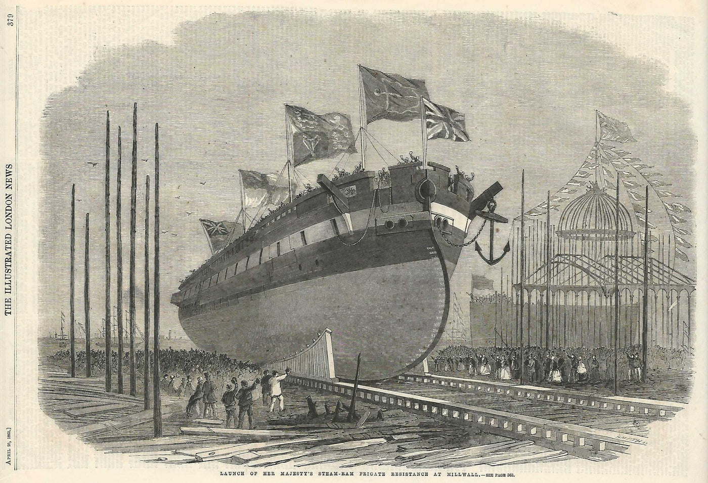 HMS Resistance launched at Millwall antique print 1861