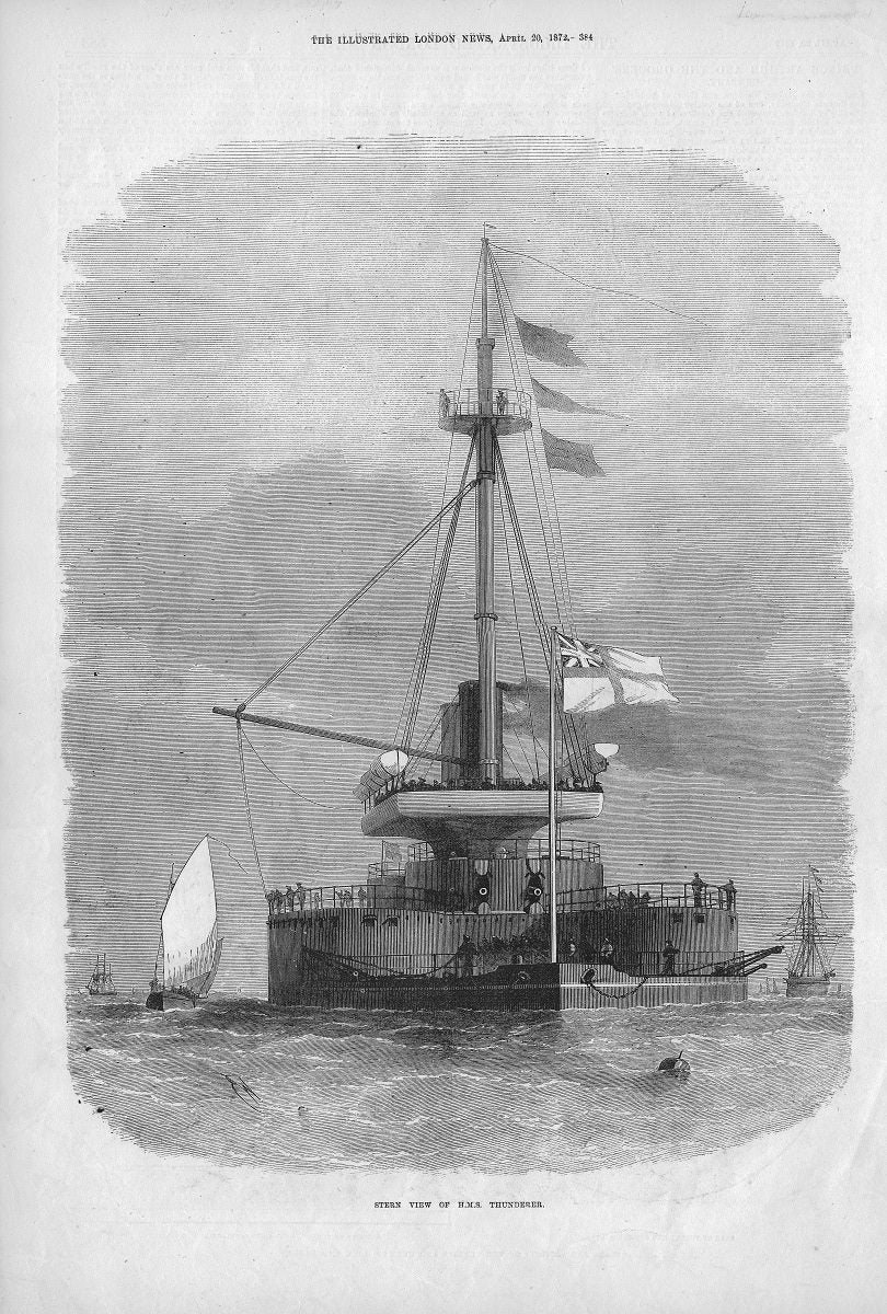 HMS Thunderer a stern view of her at sea antique print 1872