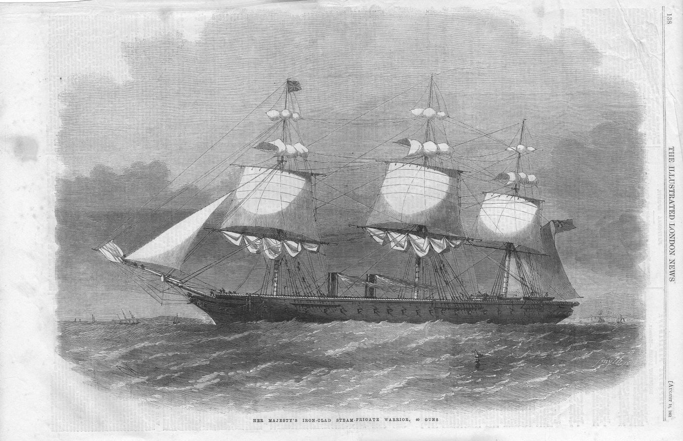 HMS Warrior at sea guaranteed antique print published 1861