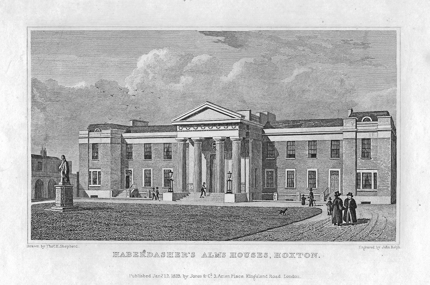 Haberdasher's Alms Houses Hoxton London antique print 1830