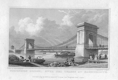 Hammersmith Bridge River Thames antique print 1830