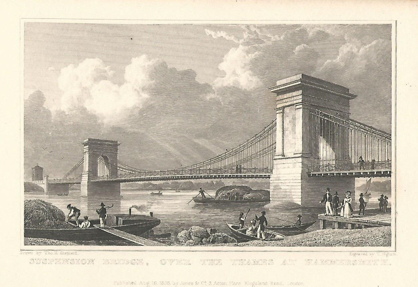 Hammersmith Bridge River Thames antique print 1830