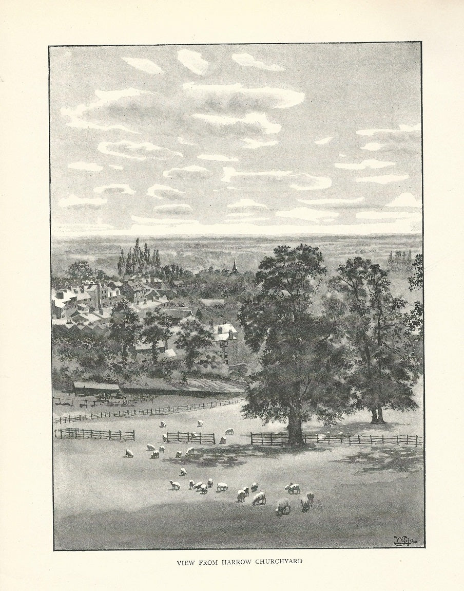 Harrow viewed from St Mary's Churchyard antique print 1893