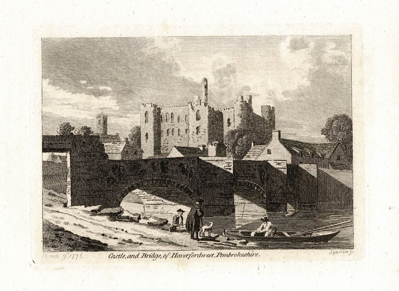 Haverfordwest castle and bridge Penbrokeshire antique print 1776
