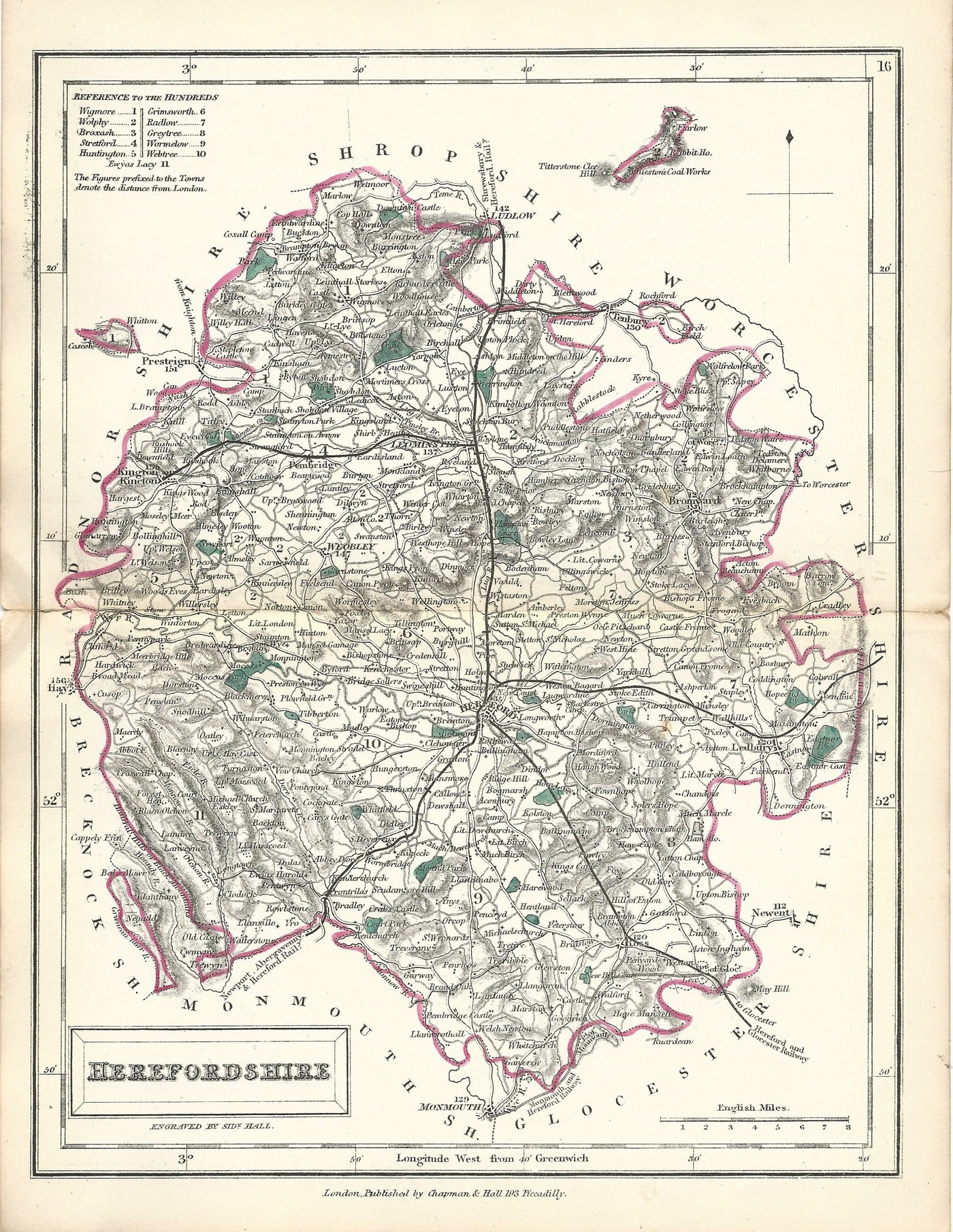 Herefordshire antique map from English Counties by Sidney Hall published 1860