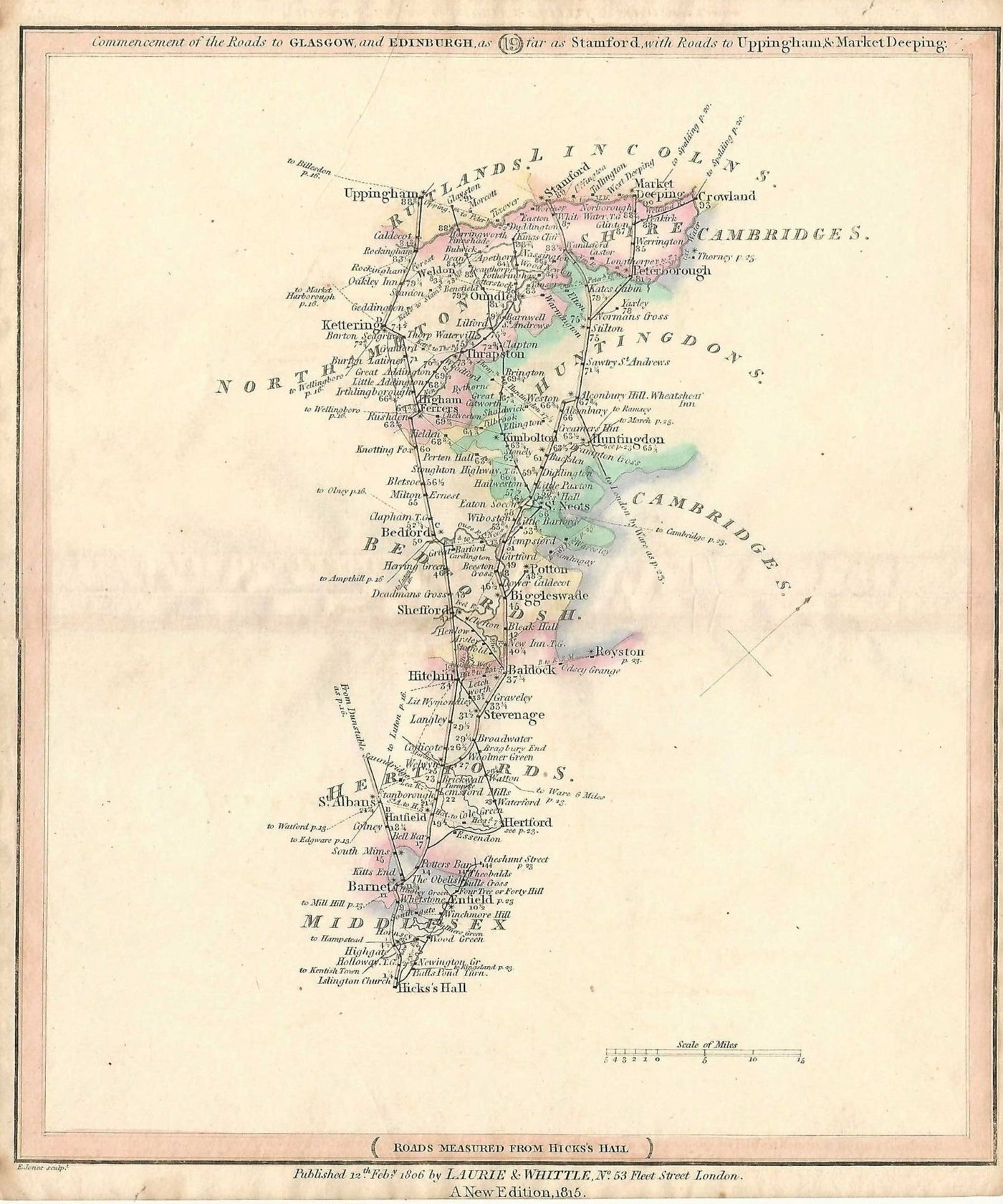 Uppingham Hicks's Hall Hitchin Bedford Kettering  antique road map 1815