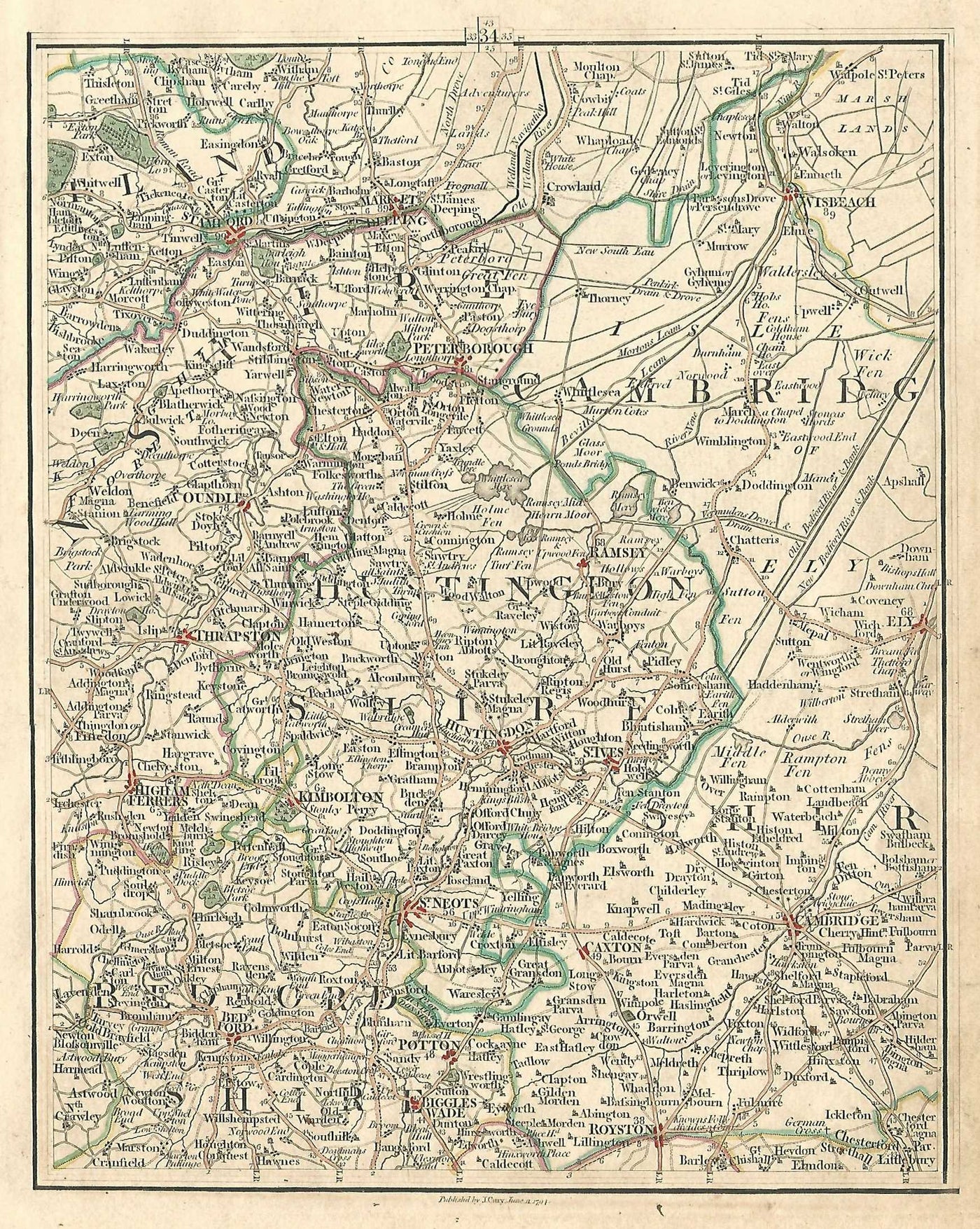 Huntingdonshire Bedfordshire Cambridgeshire antique map 1794