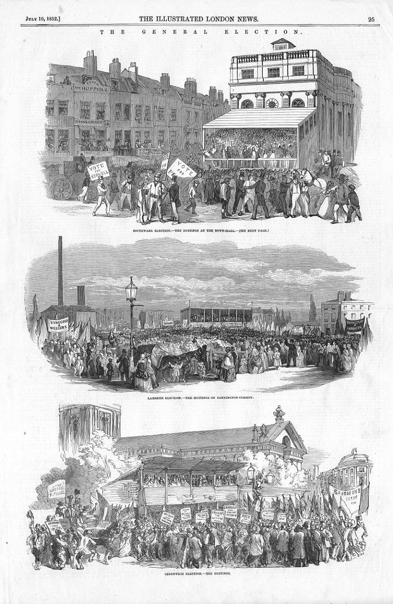 General Election Hustings at Southwark Lambeth Greenwich antique print 1852