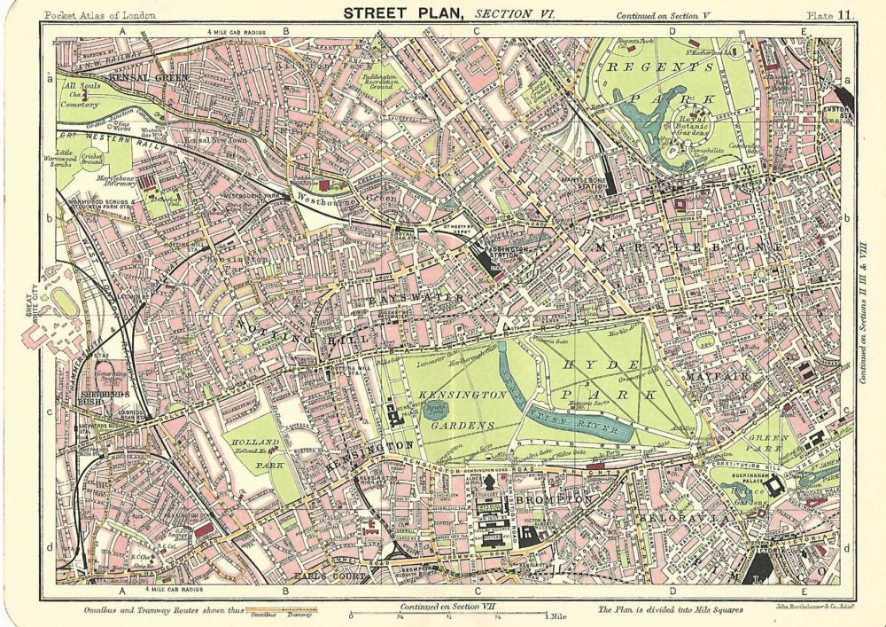 Hyde Park Kensington Gardens environs antique map published 1914