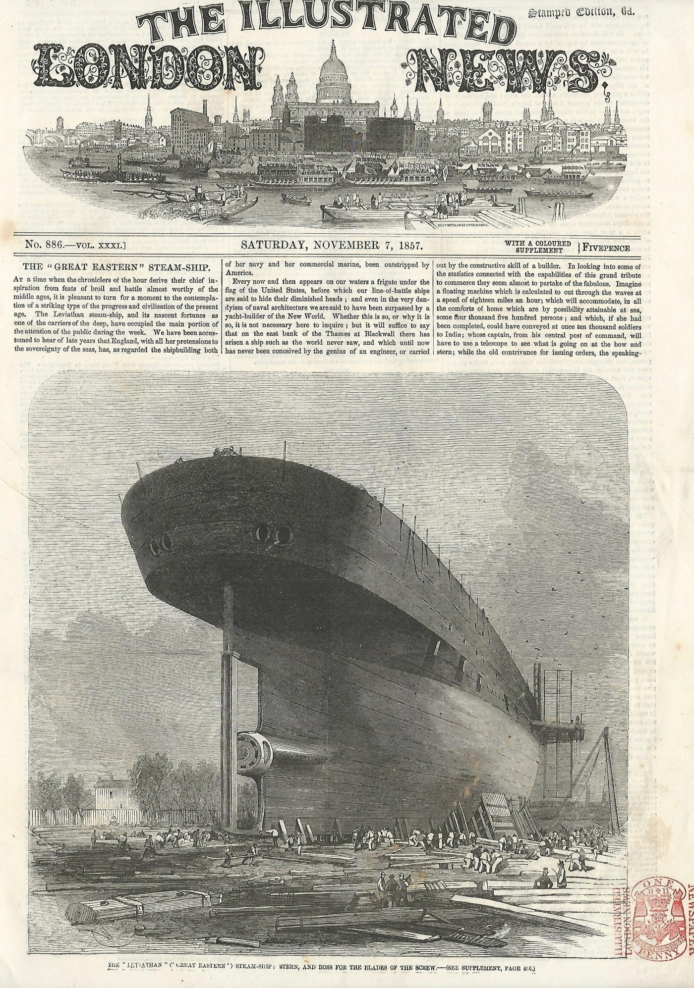 Great Eastern on the stocks Millwall antique print 1857