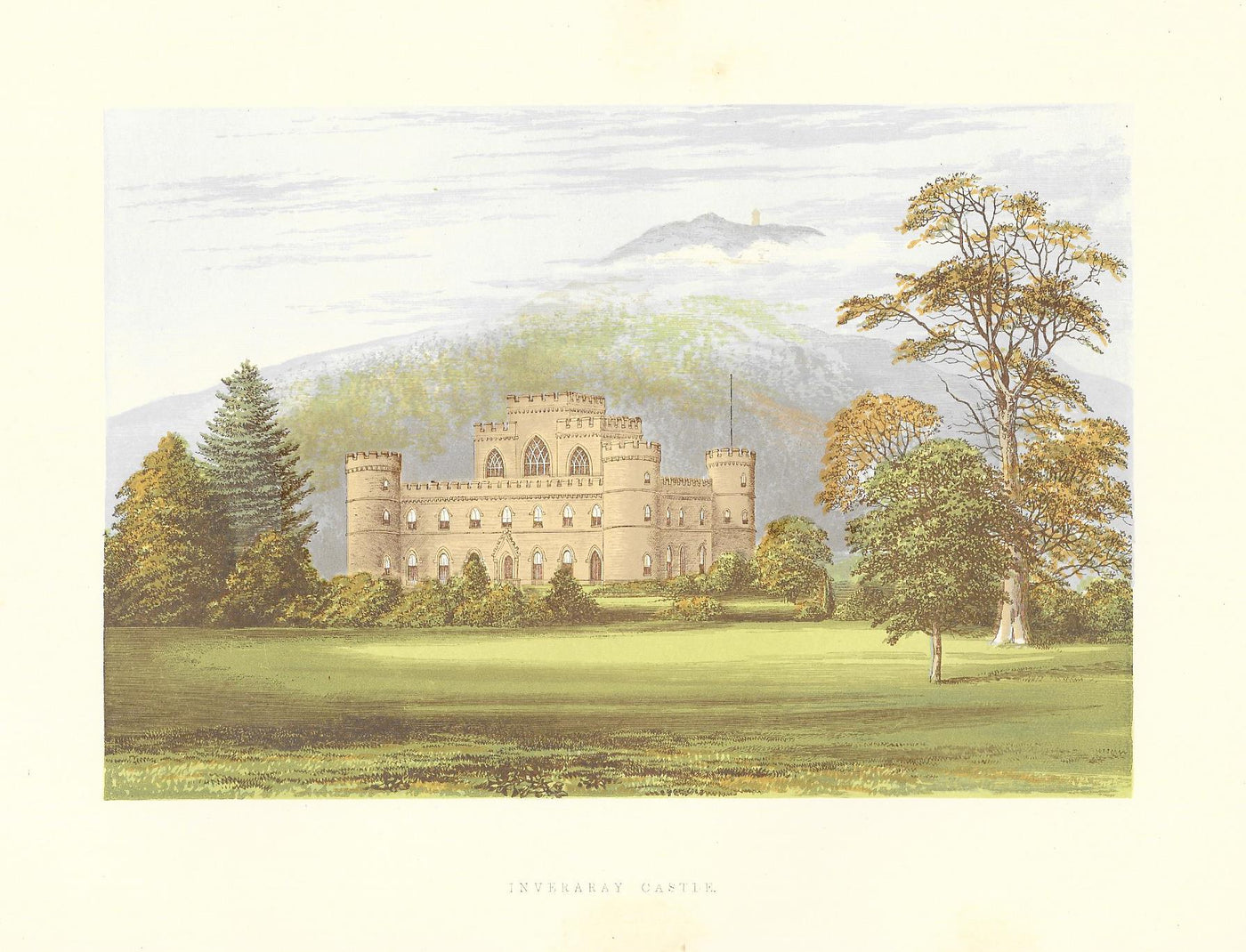 Inverary Castle Scotland guaranteed original antique print 1880