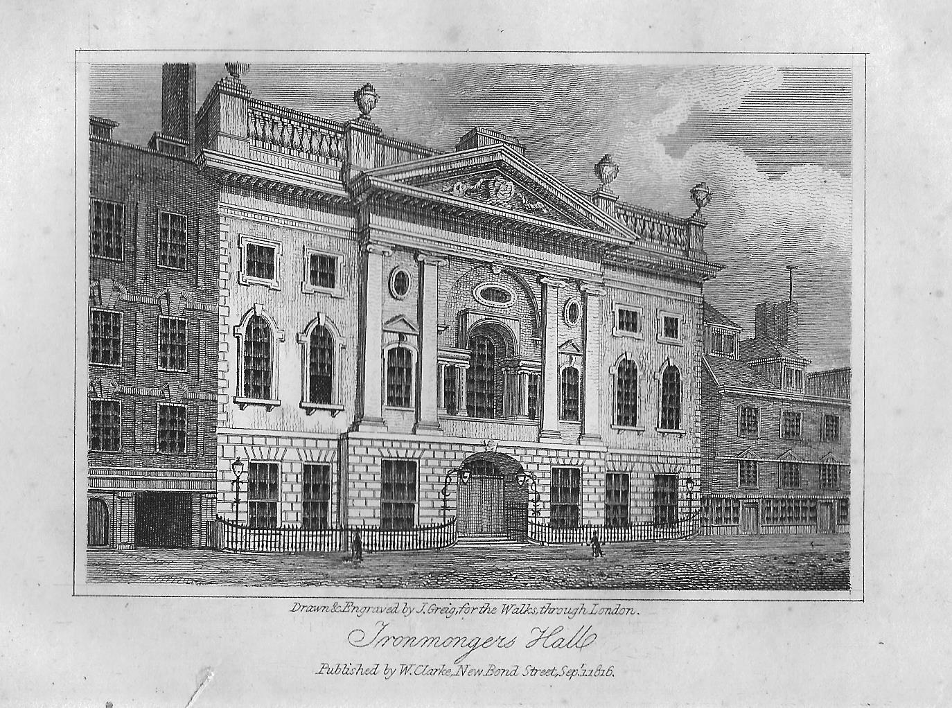Ironmonger's Hall, London 1816. Antique print of