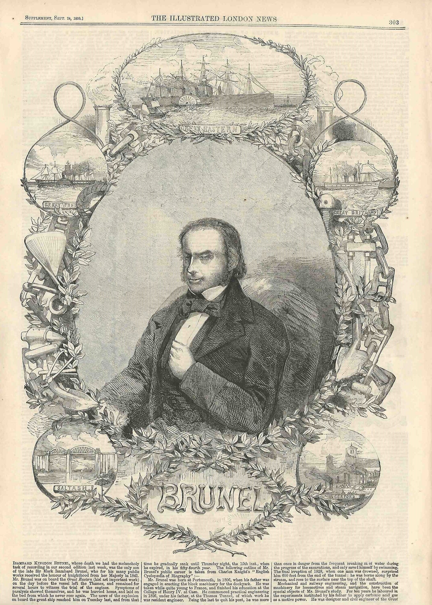 Isambard Kingdom Brunel obituary in the ILN antique print 1859