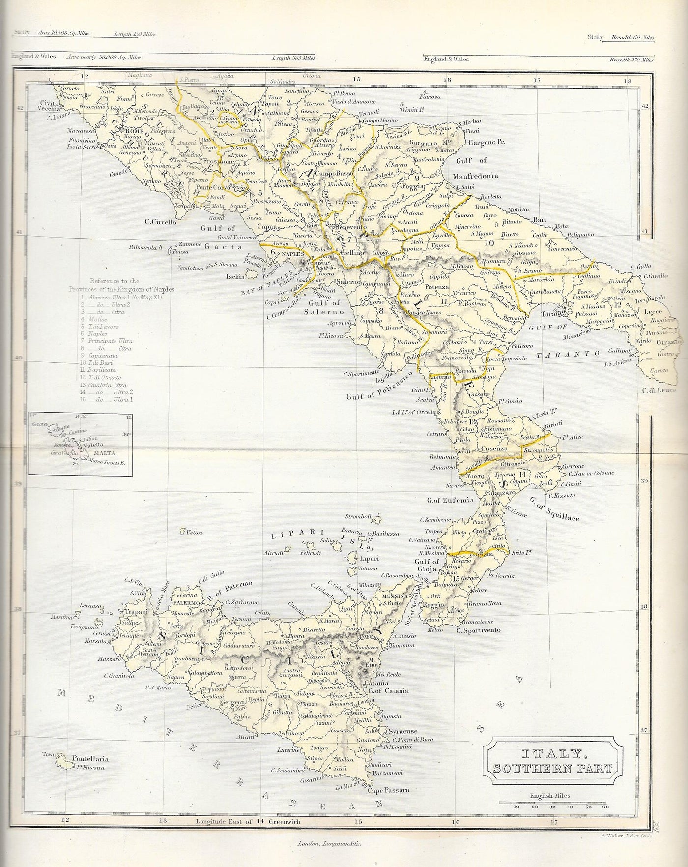 Italy Sicily antique map 1871