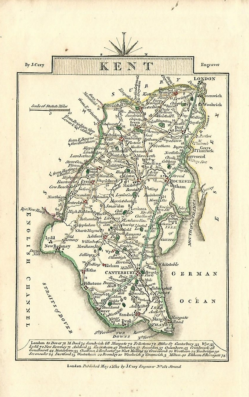 Kent antique map by cartographer John Cary published 1812