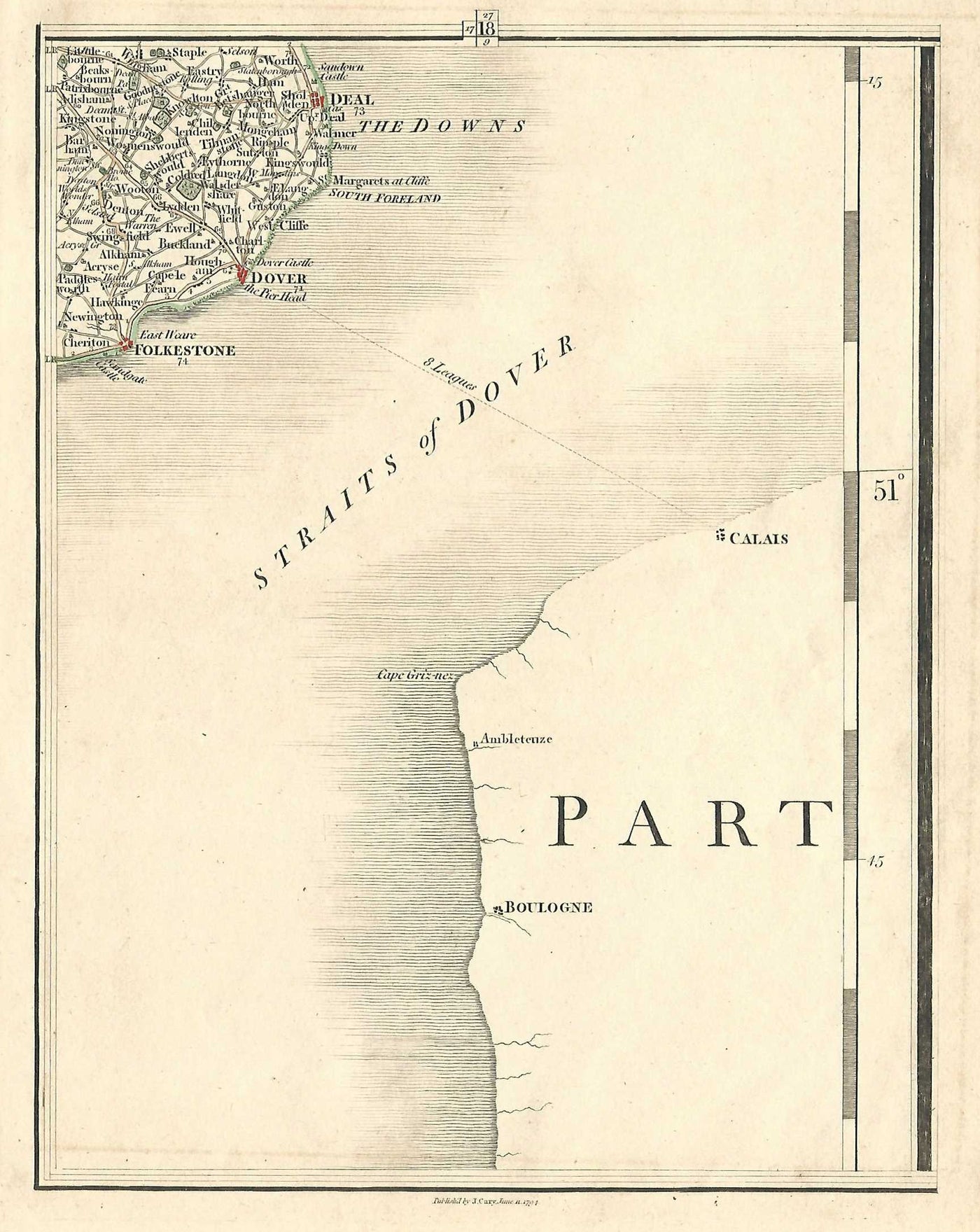 Dover Folkestone Deal Kent Georgian antique map published 1794