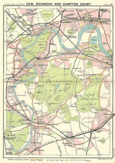 Kew Richmond Hampton Court antique map 1914