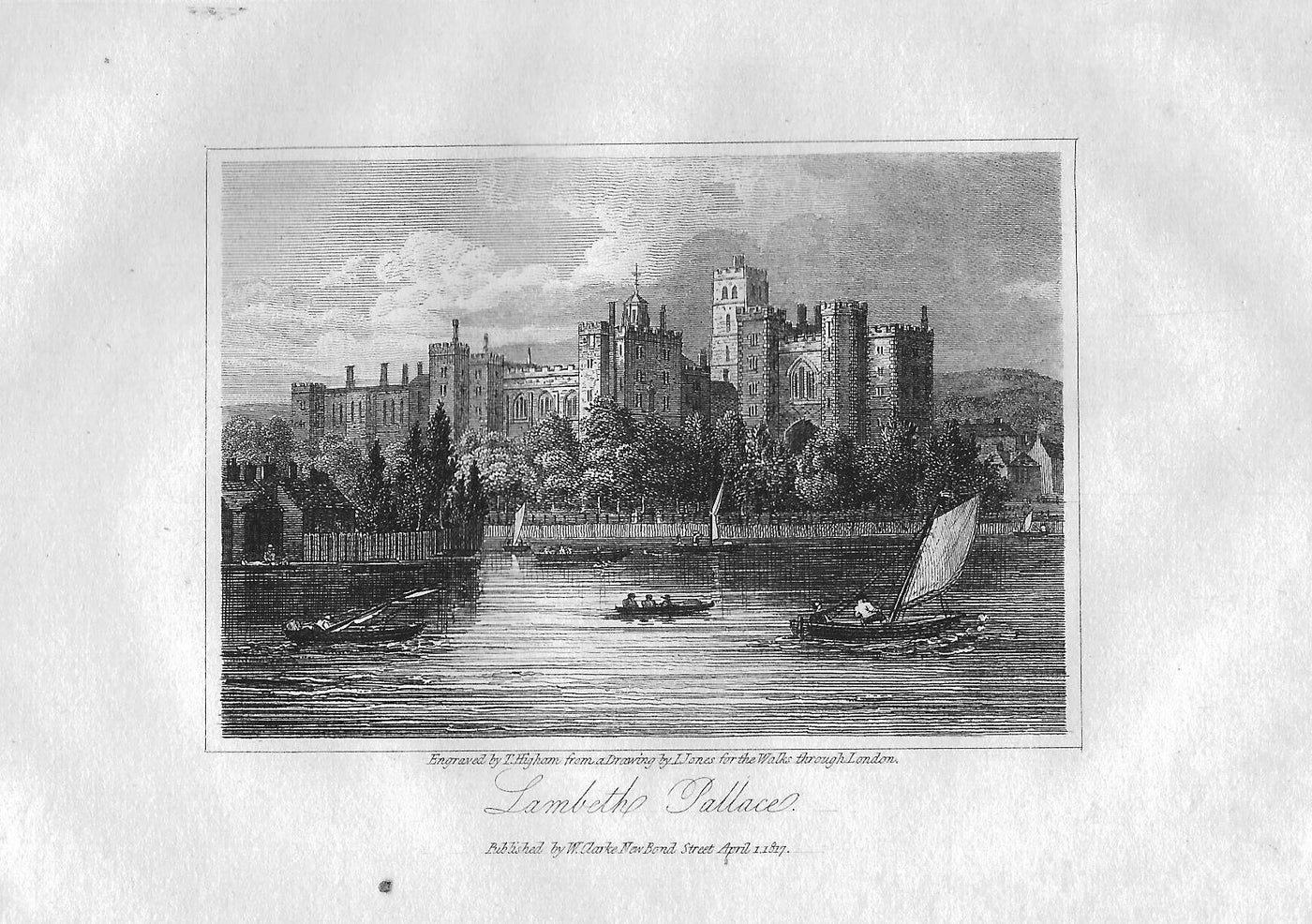 Lambeth Palace across the River Thames antique print