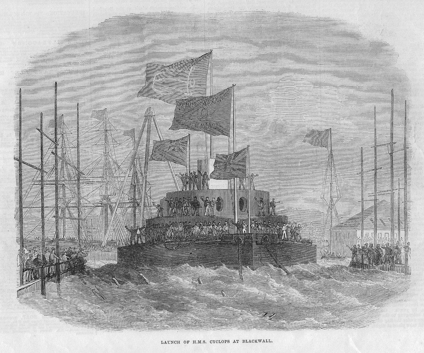Blackwall launch of H.M.S. Cyclops antique print 1871