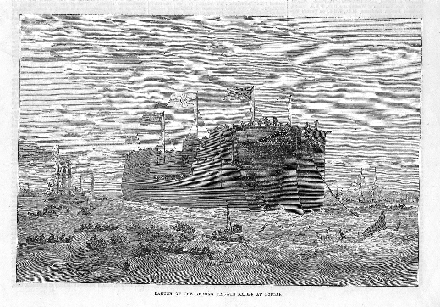 Poplar launch of the German frigate Kaiser antique print