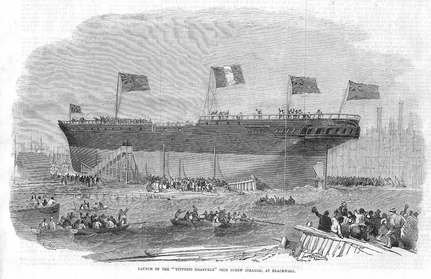 Blackwall launch of iron screw steamer Vittorio Emanuele antique print