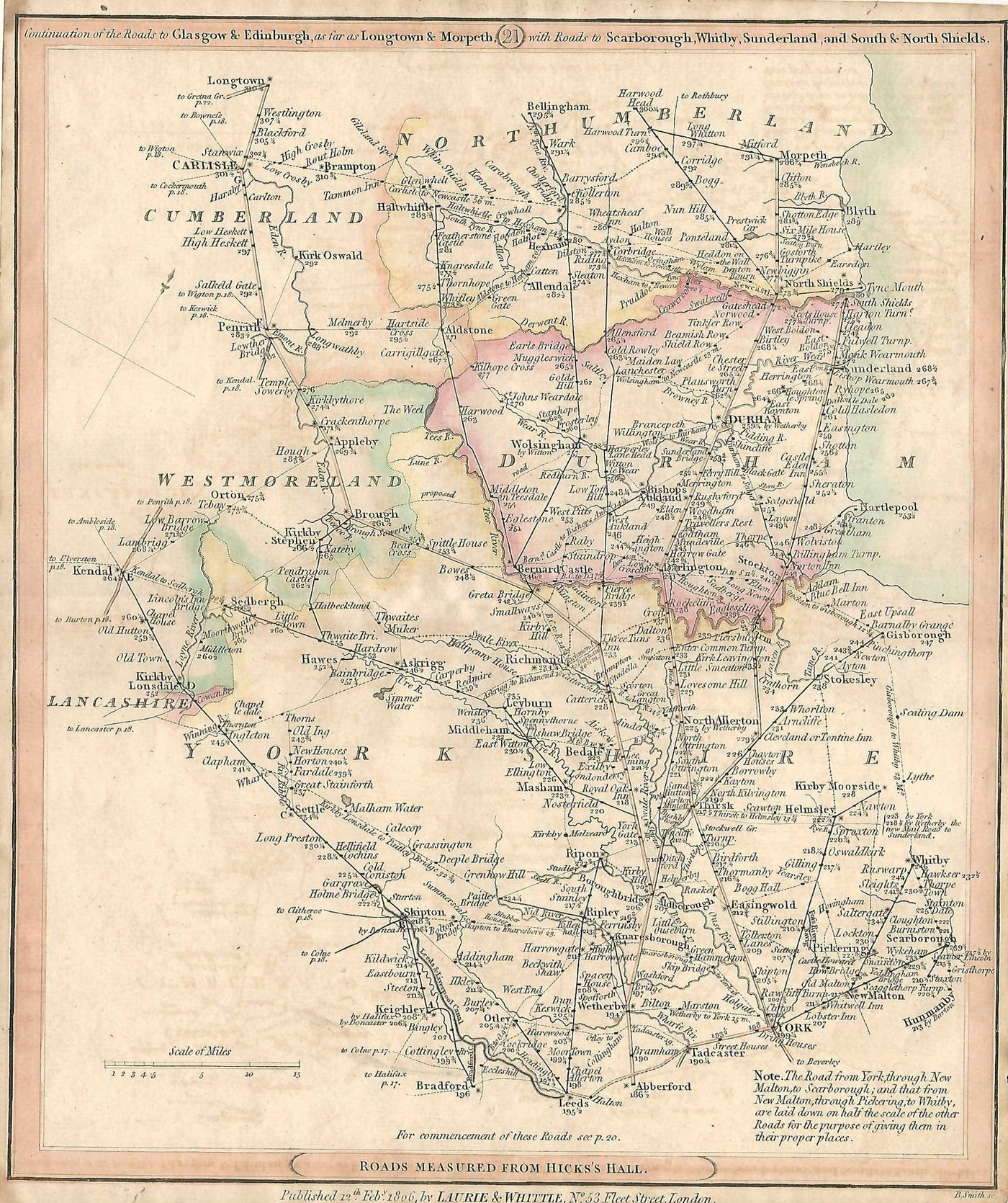 Carlisle Morpeth Durham Bradford Leeds York antique road map 1815