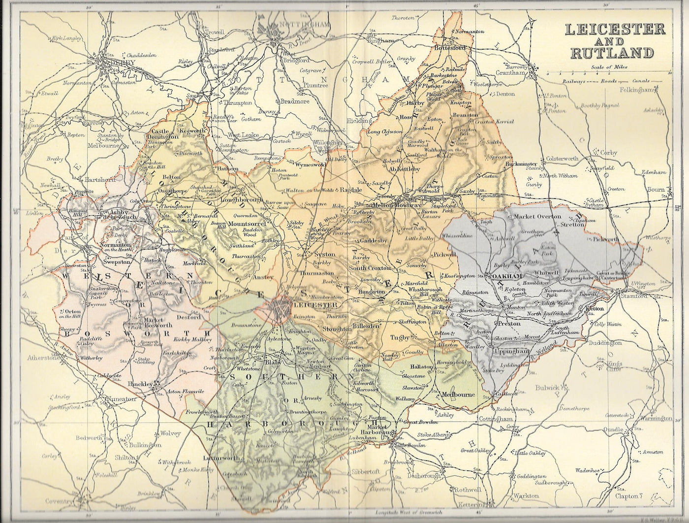 Leicestershire Rutland antique map published 1895