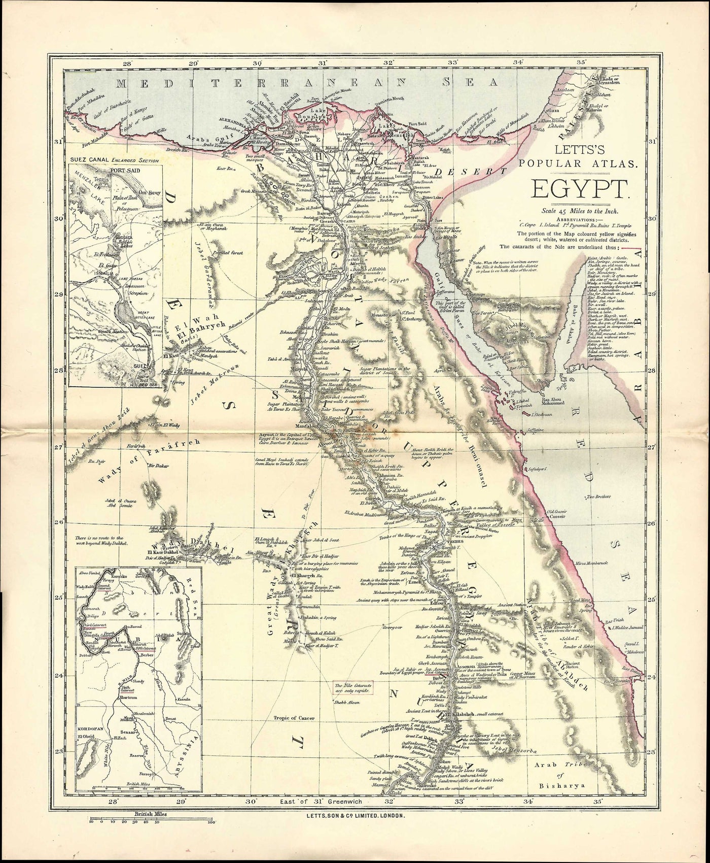Egypt antique map from “Letts’s Popular Atlas,” published in 1881.
