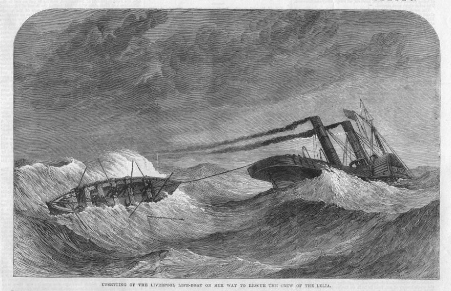 Lifeboat disaster at the mouth of the Mersey antique print 1865