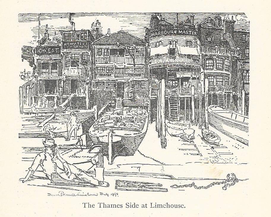 Limehouse Thames Side at Narrow Street antique print 1902