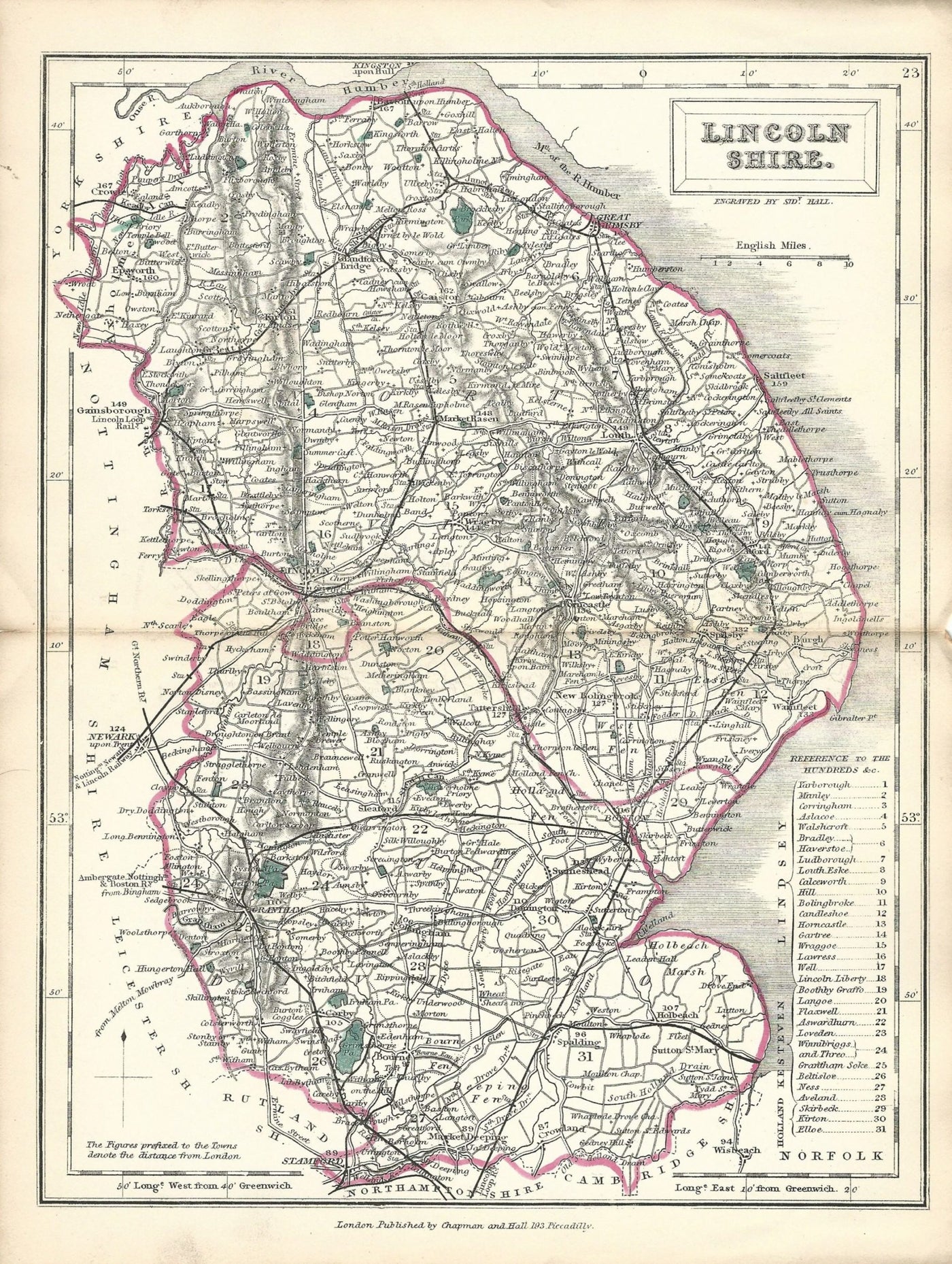 Lincolnshire antique map from English Counties by Sidney Hall published 1860
