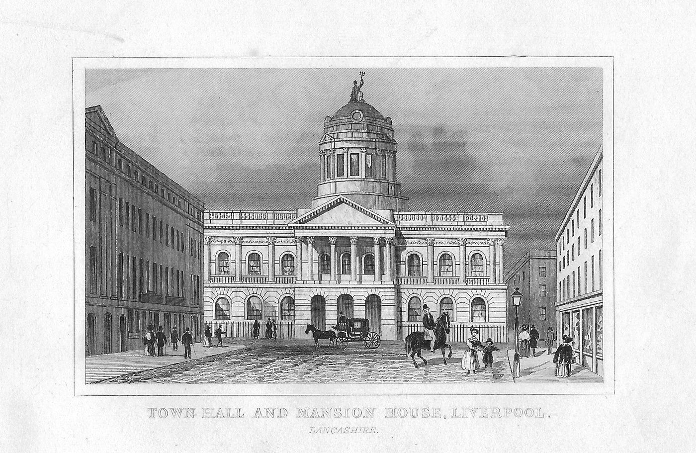Liverpool Town Hall and Mansion House antique print 1845